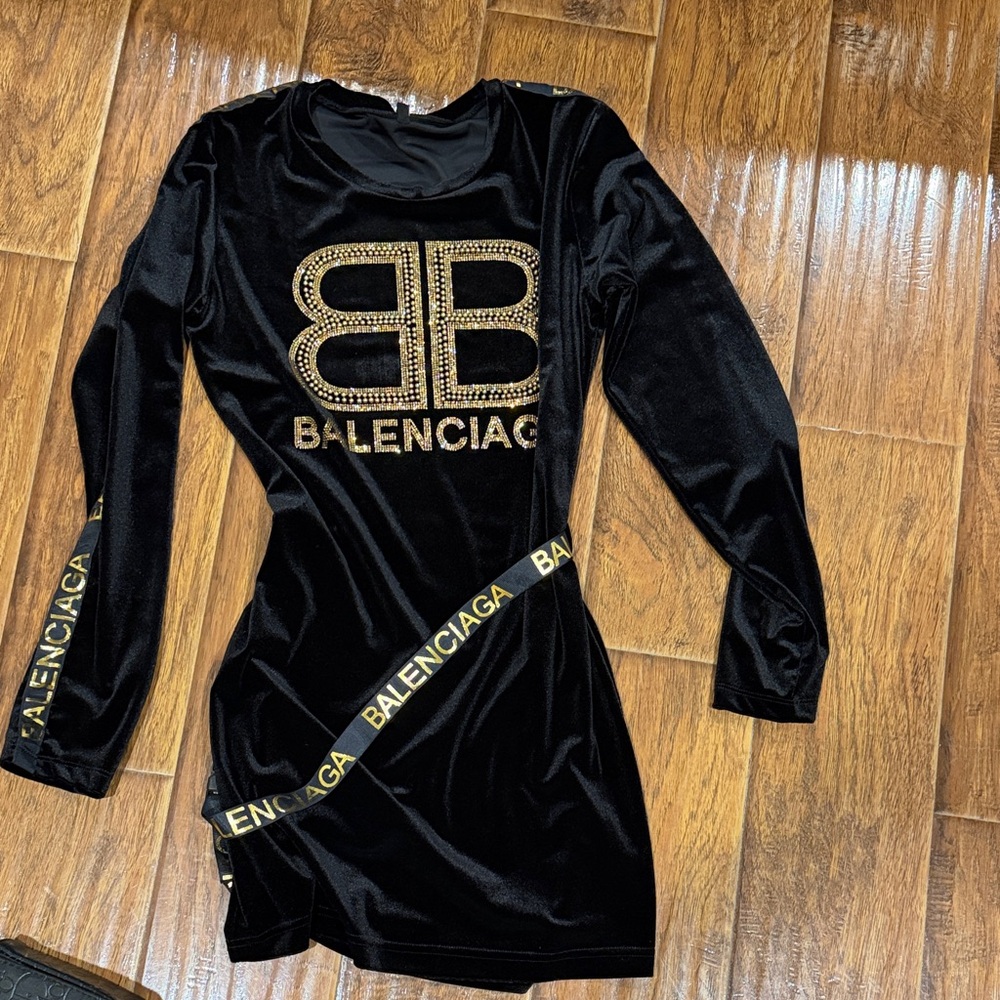 Balenciaga Black Velvet Dress with Gold Accents